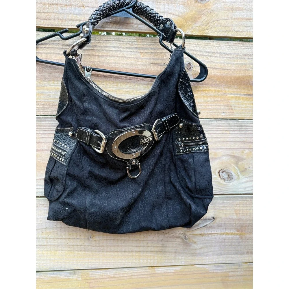 Guess Black Monogram Canvas Hobo Bag Patent Trim Studded Y2K Large G Logo